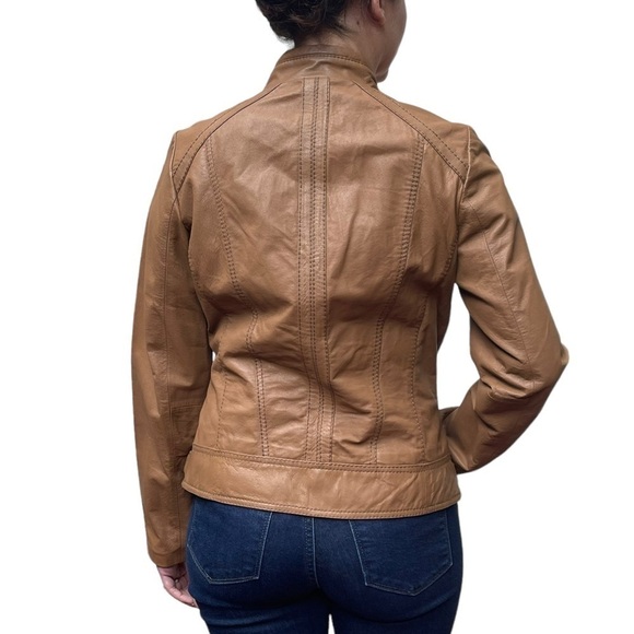 BOSTON PROPER LEATHER ASYMMETRIC ZIPPER STAND COLLAR TAN MOTO JACKET - Picture 2 of 15